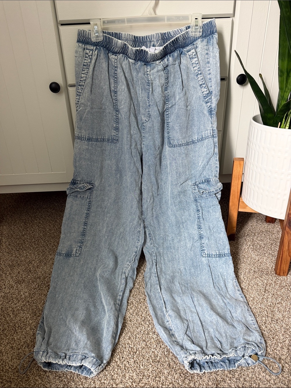 Light Wash Denim Cargo Joggers - Drawstring Hems